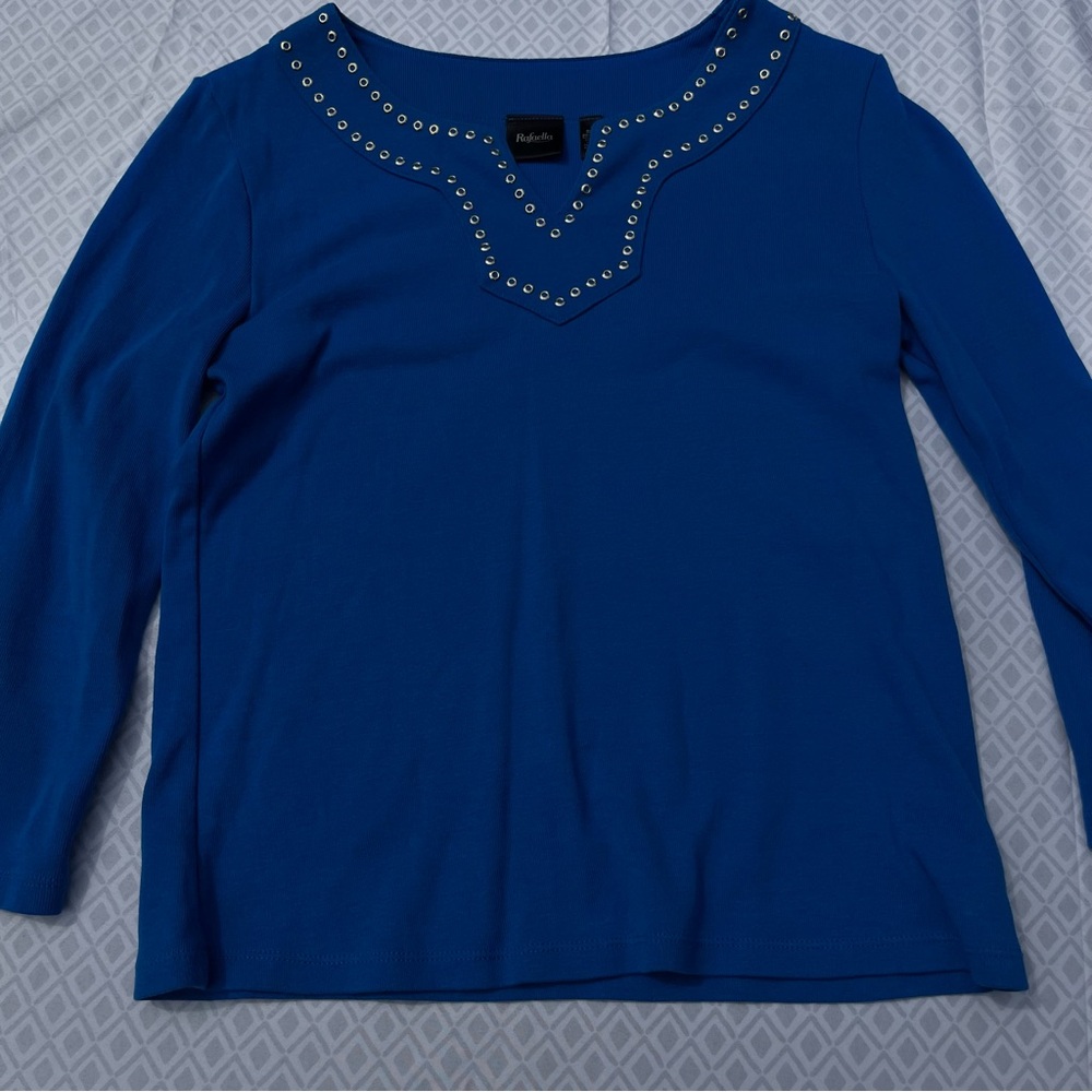 Rafaella Blue Long Sleeve Top with Stud Accents